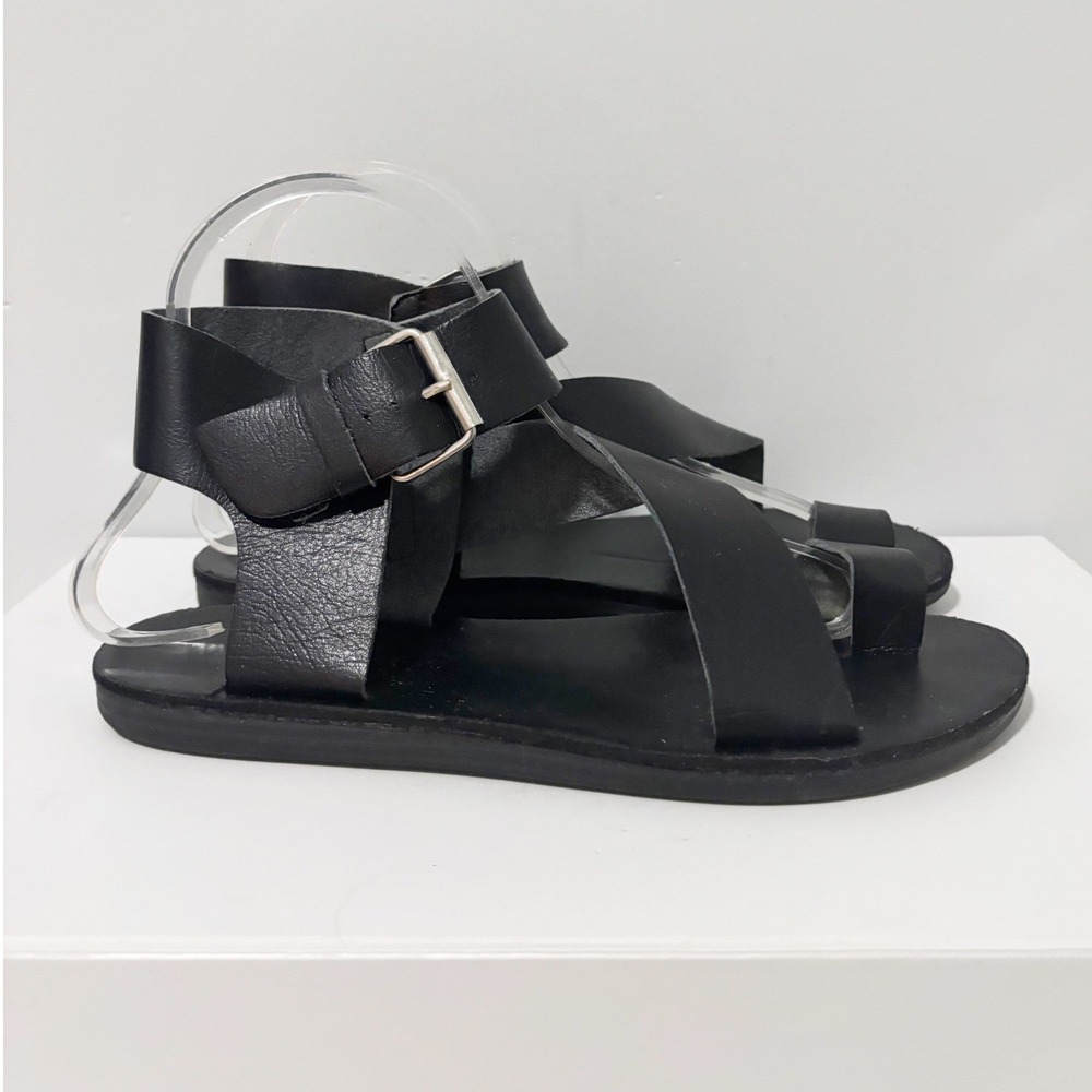 Mossimo Sandals Women Size 7 Black Faux Leather Gladiator Toe Loop Flat Strappy